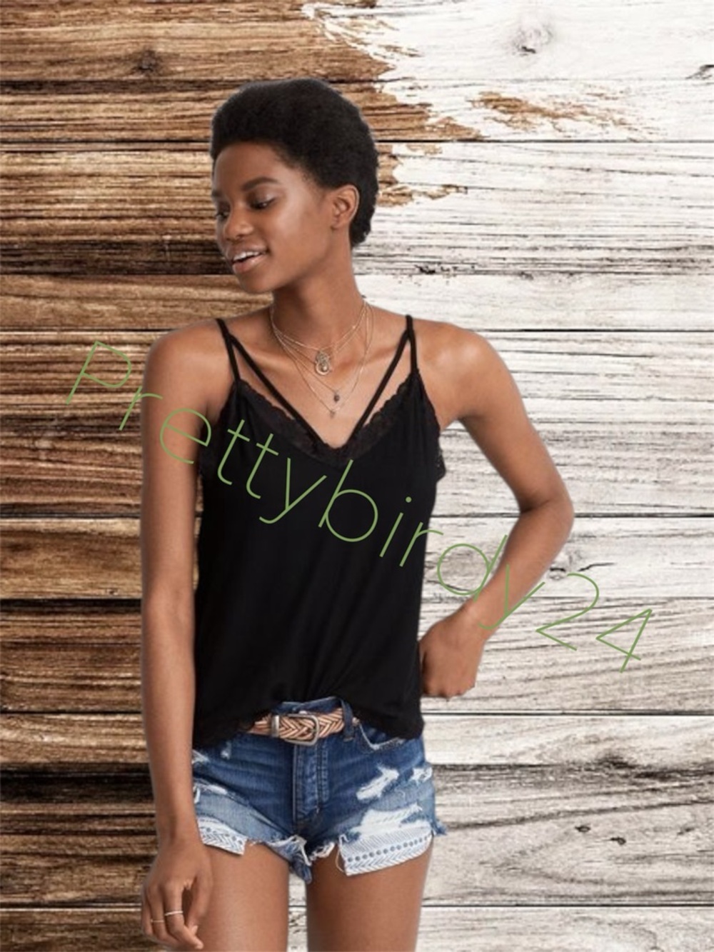 AEO Soft & Sexy Black Lace Trim Cami Blouse